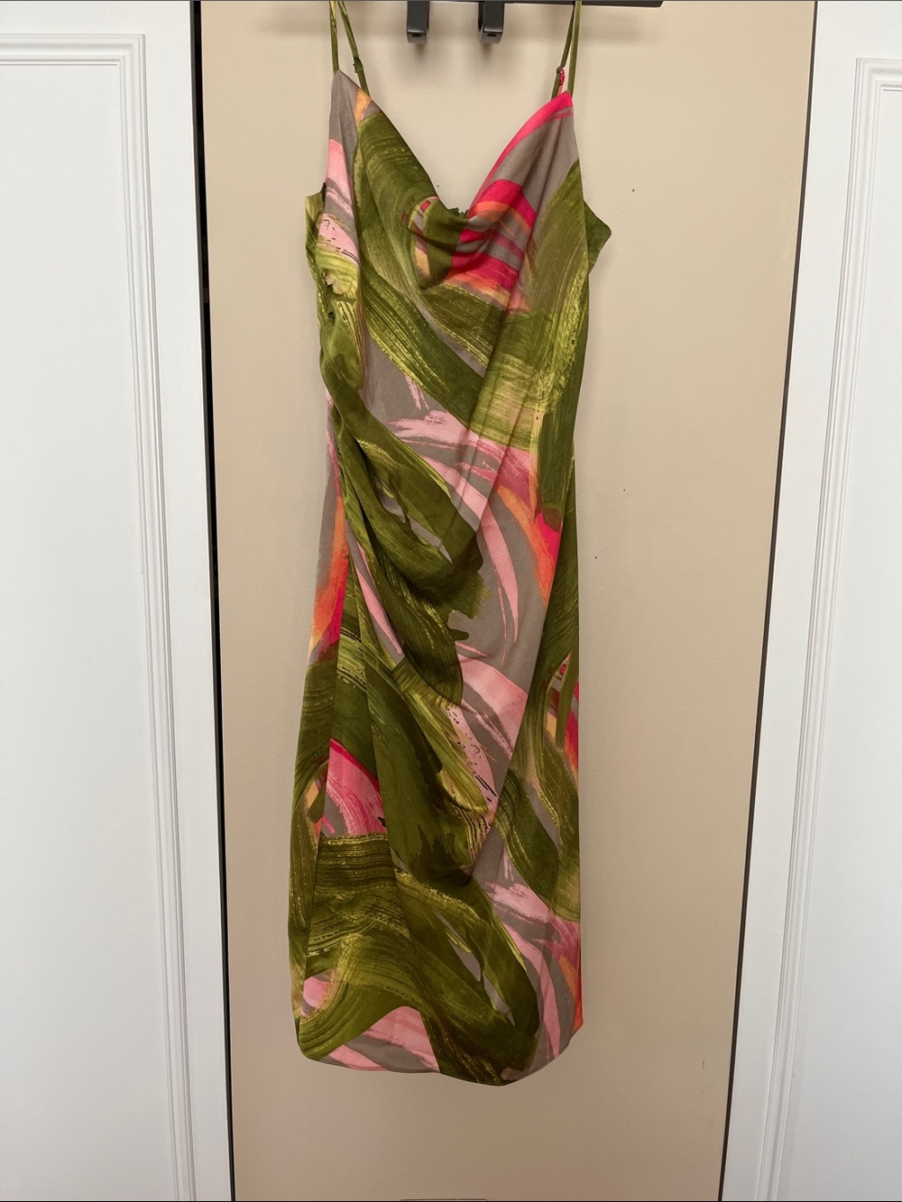 BCBG Olive Green Pink Abstract Midi Slip Dress